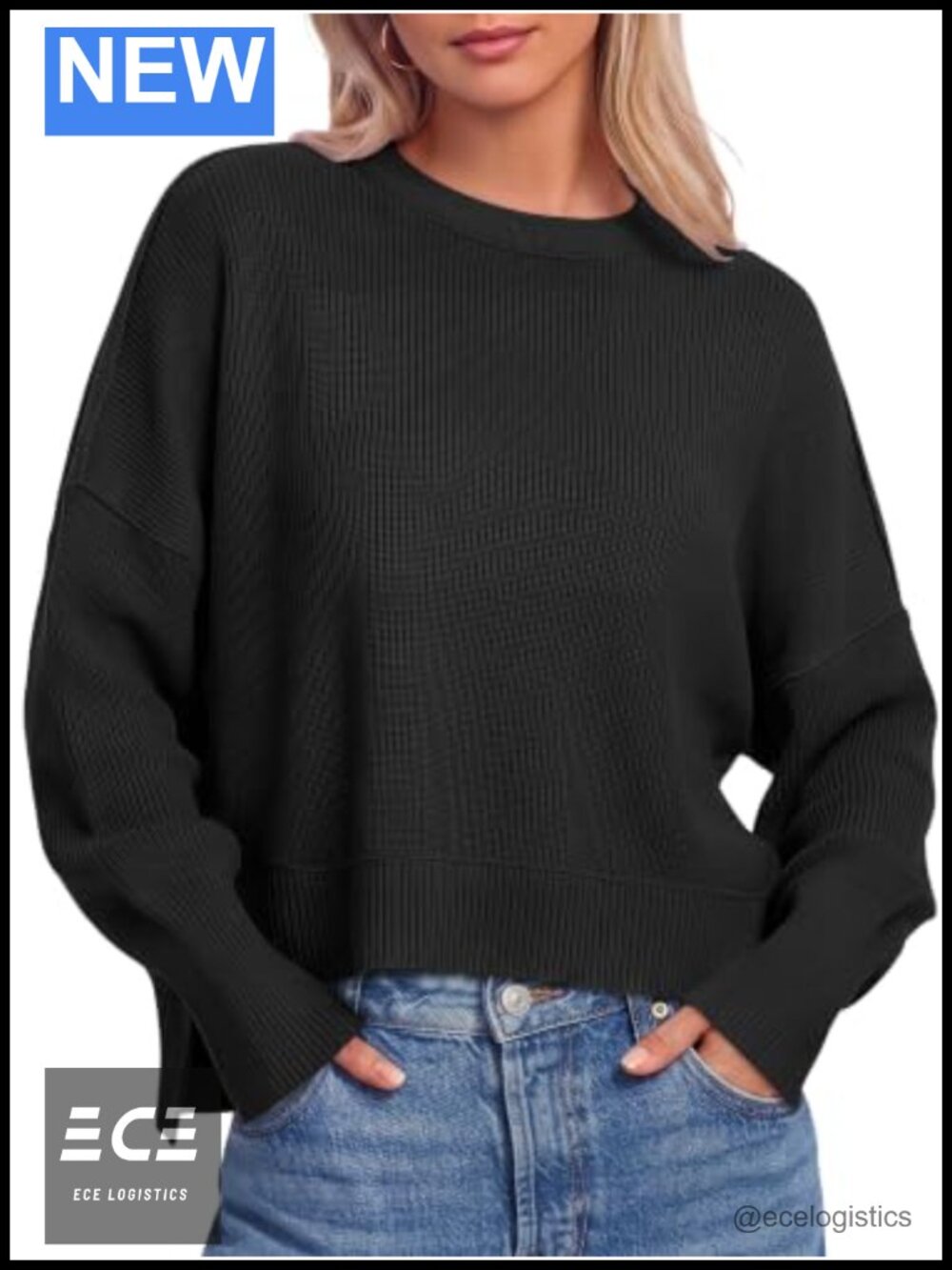 Cropped Oversized Sweater Pullover Long Sleeve Batwing Slit Knit Top